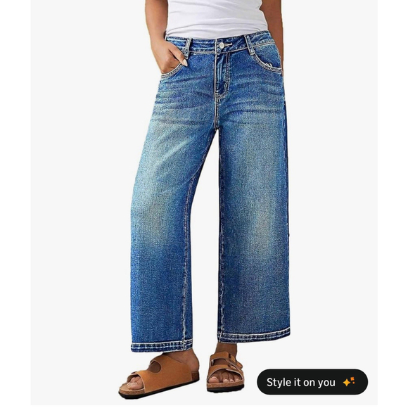 Flamingals Denim - Flamingals Wide Straight Leg Cropped Jeans Women Mid Rise Baggy Casual Wash M